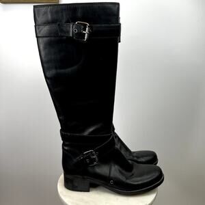 Franco Sarto Piston Tall 100% Leather Black Boots with Buckle Detailing SZ 7 1/2